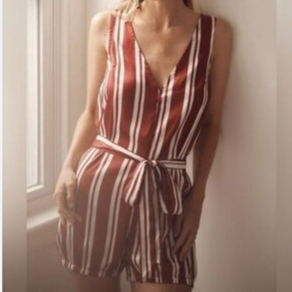 Anthropologie Pants - Anthropologie Women's Belted Striped Sleeveless V-Neck Romper Red & White NWT